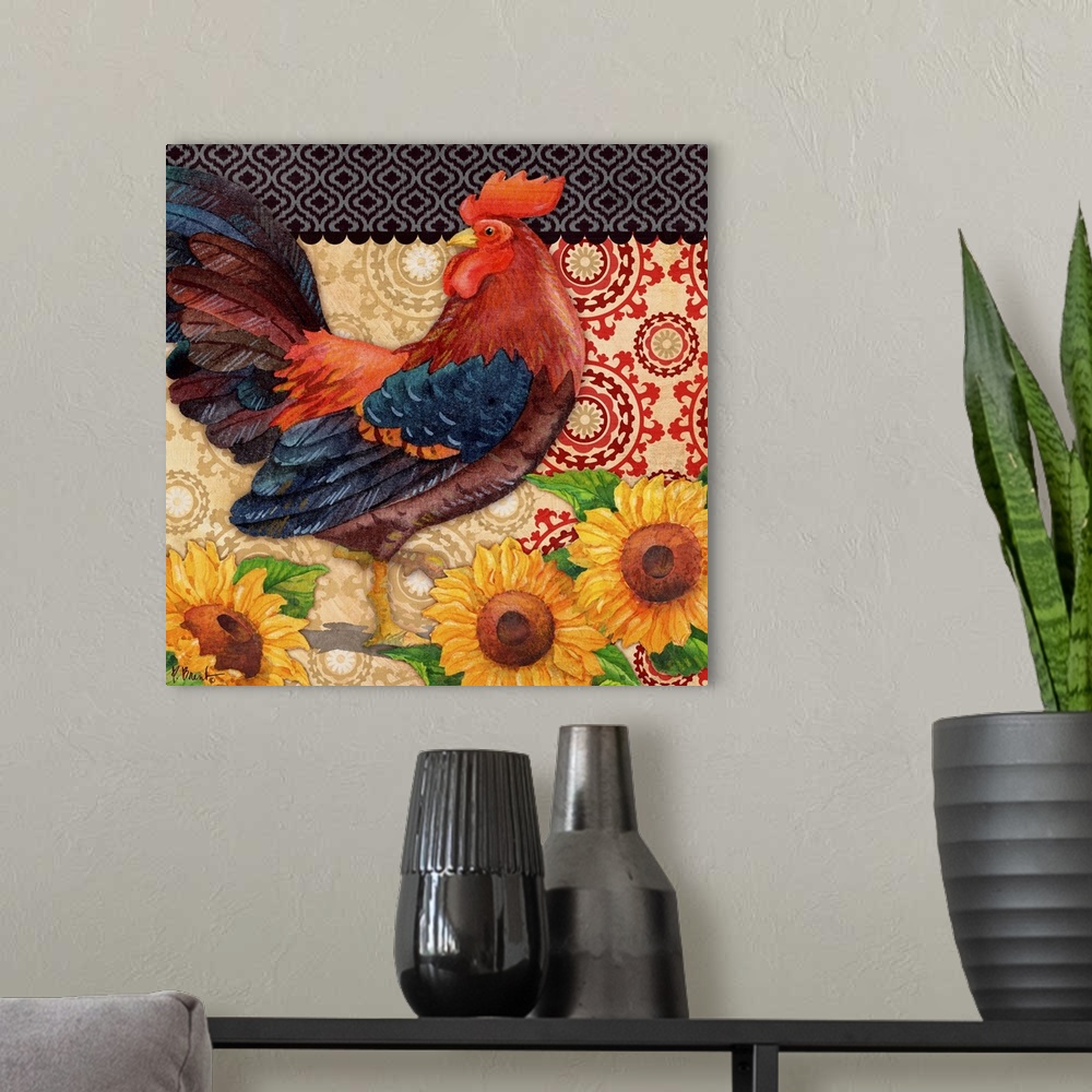 A modern room featuring Decorative panel of a rooster with sunflowers and batik patterns.