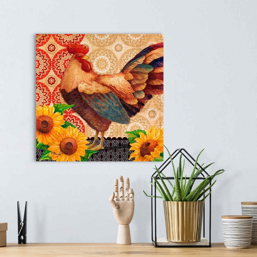 A bohemian room featuring Decorative panel of a rooster with sunflowers and batik patterns.