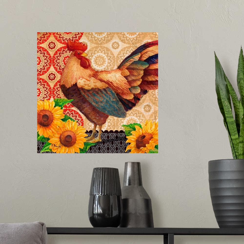 A modern room featuring Decorative panel of a rooster with sunflowers and batik patterns.