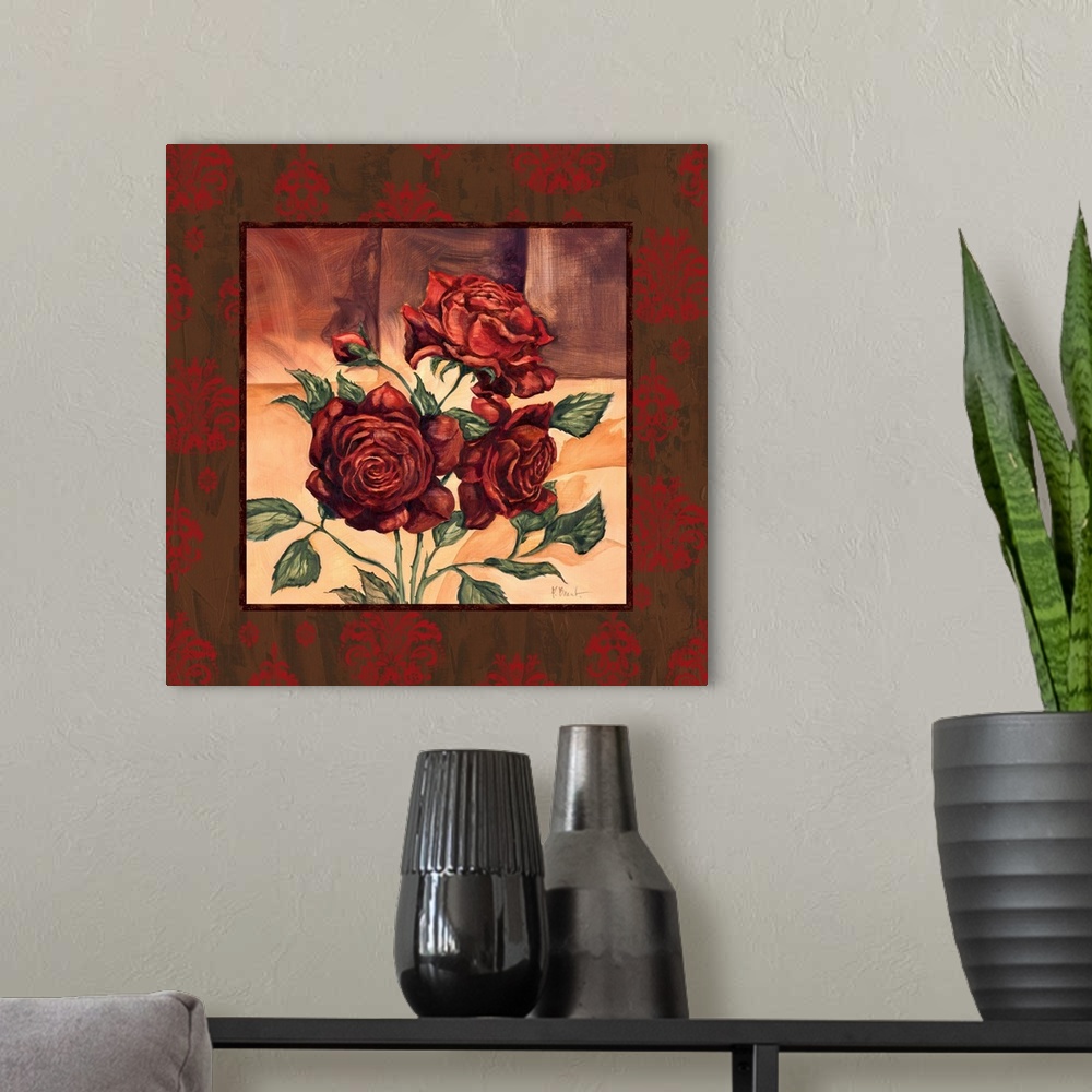 A modern room featuring Square painting of three roses with a border of damask-style flowers.