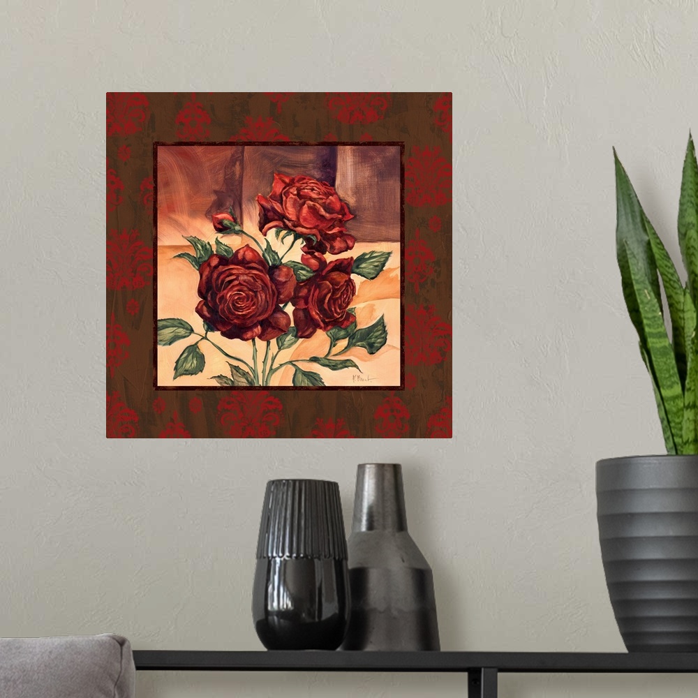 A modern room featuring Square painting of three roses with a border of damask-style flowers.