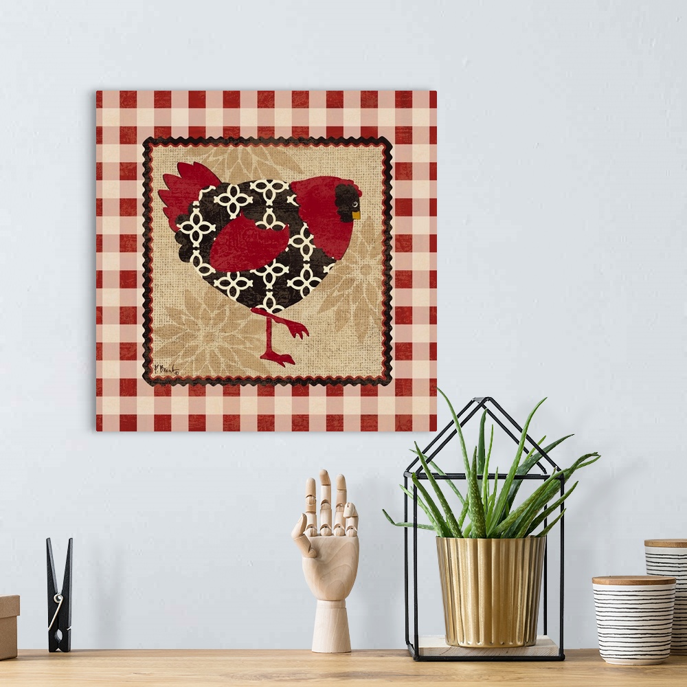 A bohemian room featuring A red and black chicken in a decorative gingham border.
