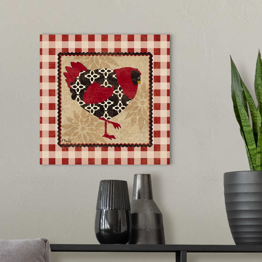 A modern room featuring A red and black chicken in a decorative gingham border.