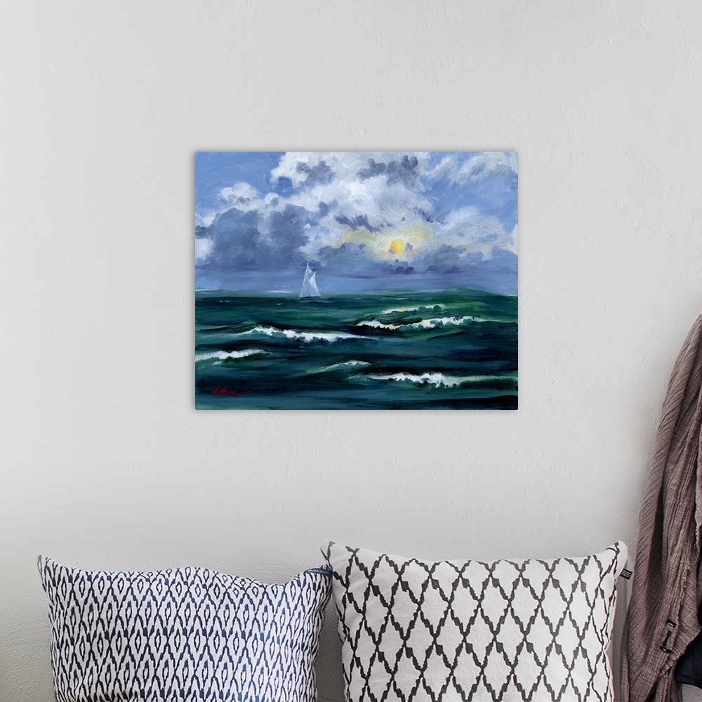 A bohemian room featuring Contemporary painting of a sailboat on the dark, choppy sea with the sun shining through the clouds.
