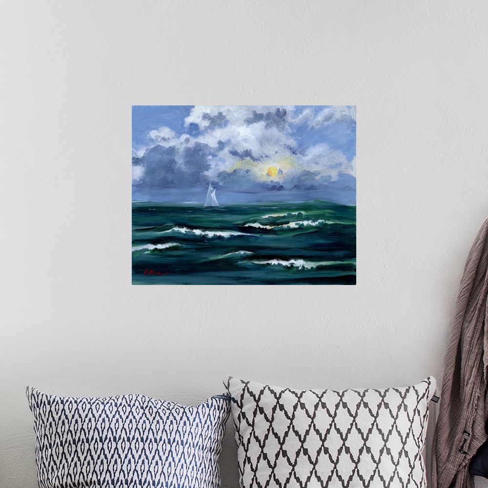 A bohemian room featuring Contemporary painting of a sailboat on the dark, choppy sea with the sun shining through the clouds.