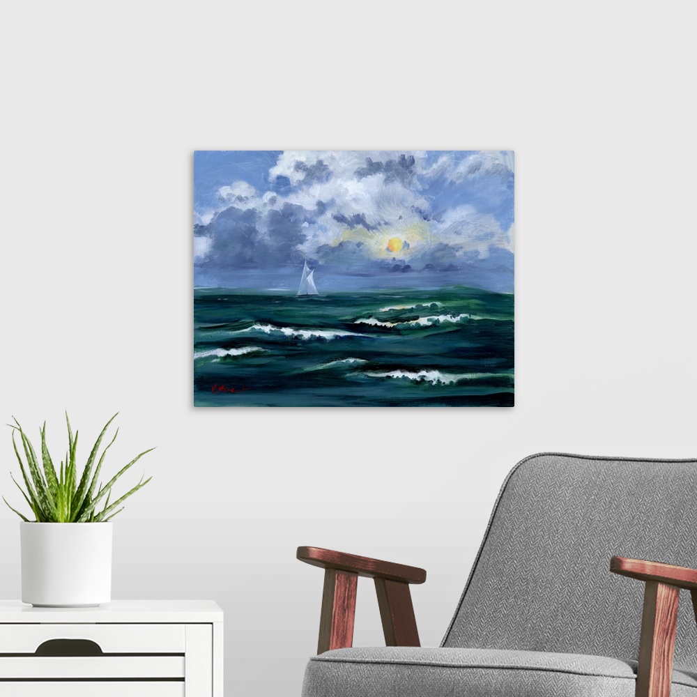 A modern room featuring Contemporary painting of a sailboat on the dark, choppy sea with the sun shining through the clouds.