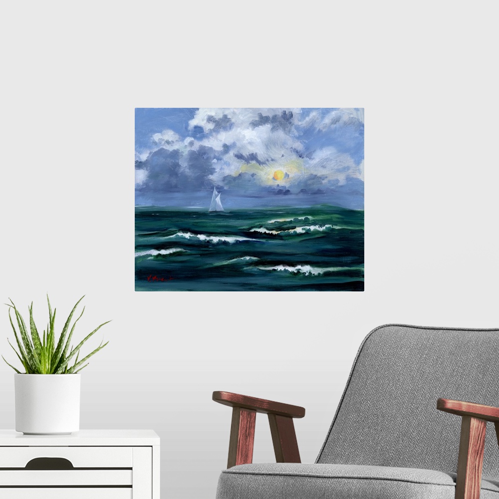 A modern room featuring Contemporary painting of a sailboat on the dark, choppy sea with the sun shining through the clouds.