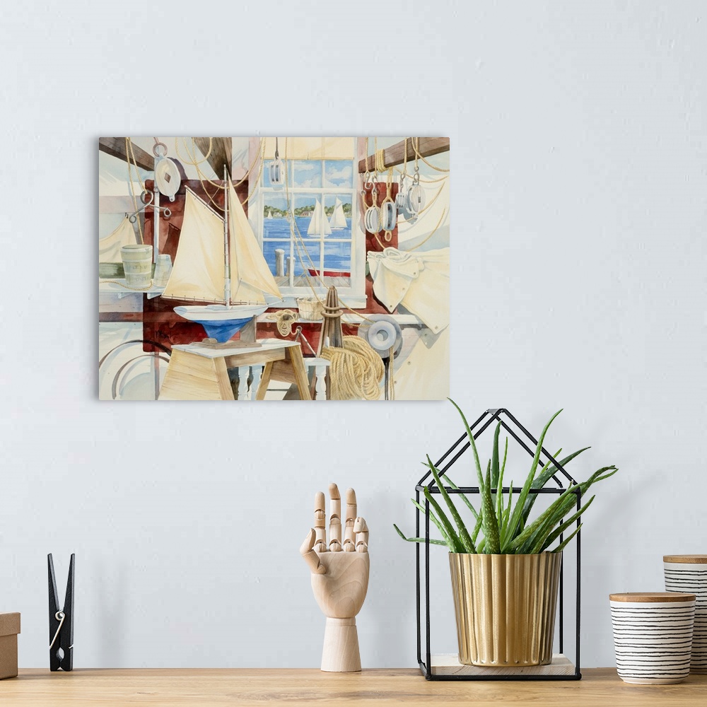 A bohemian room featuring Watercolor painting of a shop full of sailing-themed items, such as ropes and toy boats.