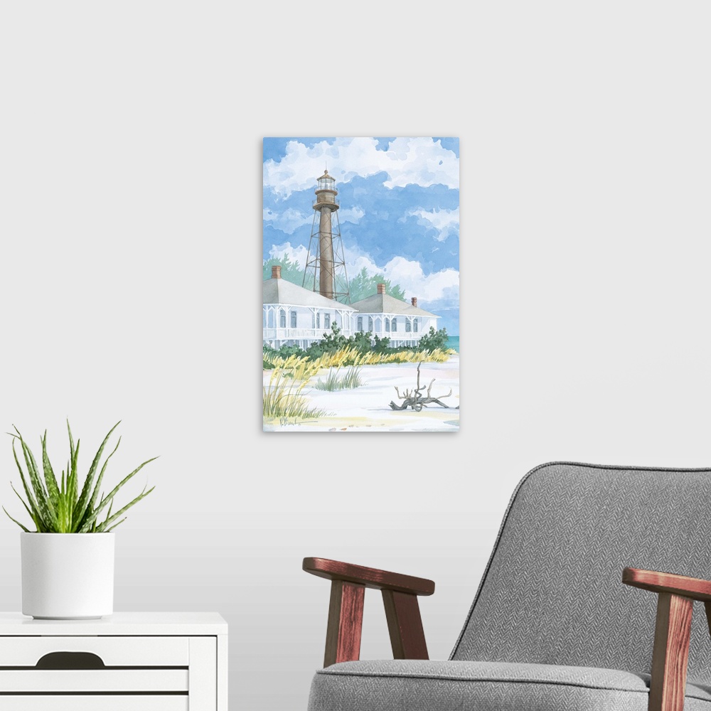 A modern room featuring Watercolor painting of a lighthouse with two beach houses on a sandy shore.