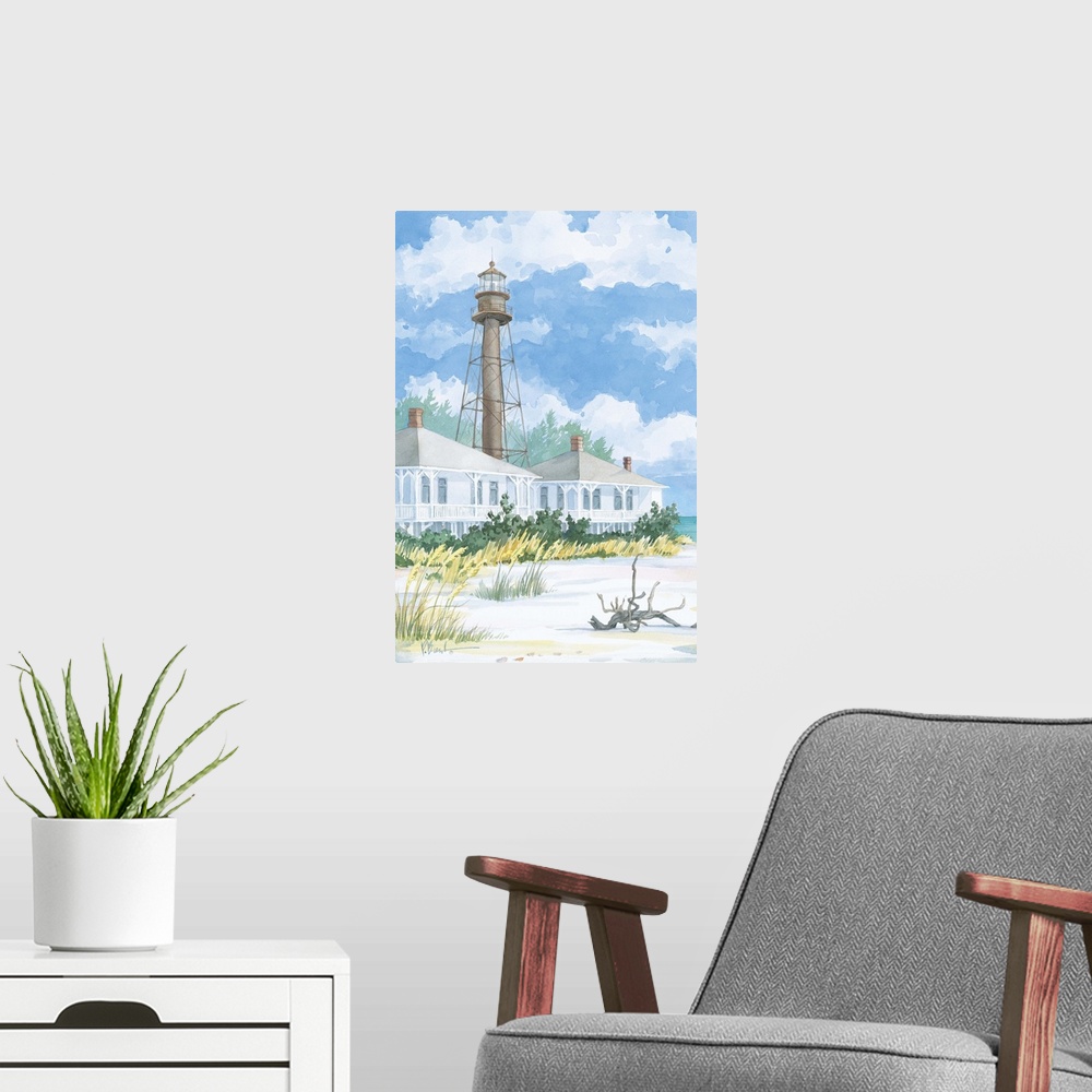A modern room featuring Watercolor painting of a lighthouse with two beach houses on a sandy shore.