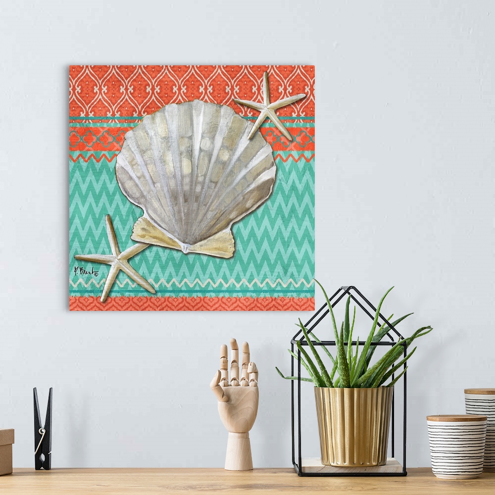 A bohemian room featuring Decorative artwork of a scallop shell and starfish on an orange and teal patterned background.