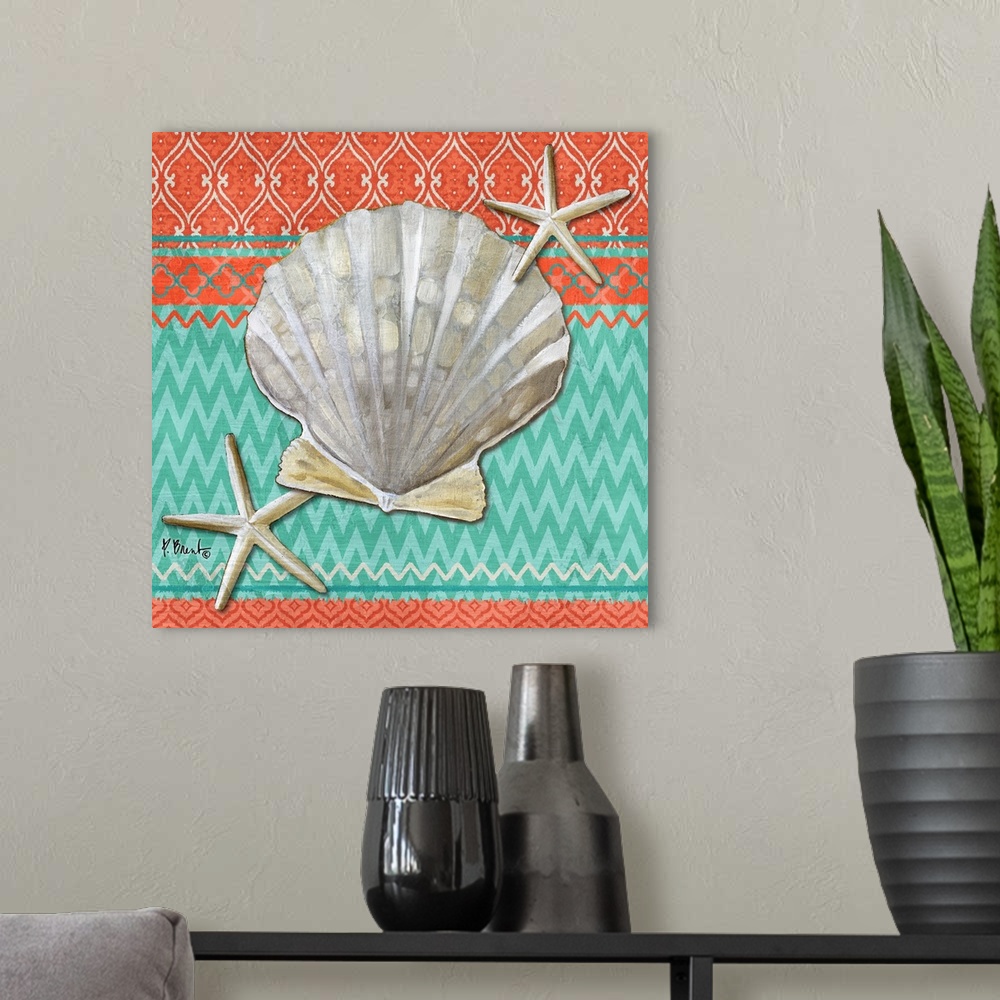 A modern room featuring Decorative artwork of a scallop shell and starfish on an orange and teal patterned background.