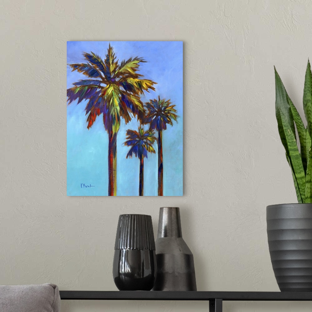 A modern room featuring Contemporary painting of three palm trees against a bold blue sky.
