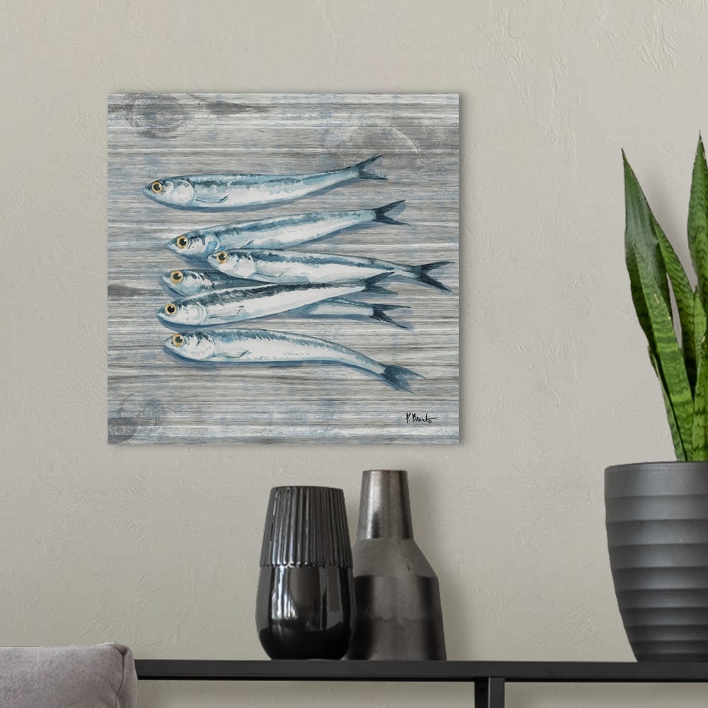 A modern room featuring Watercolor painting of sardines on a wooden background.