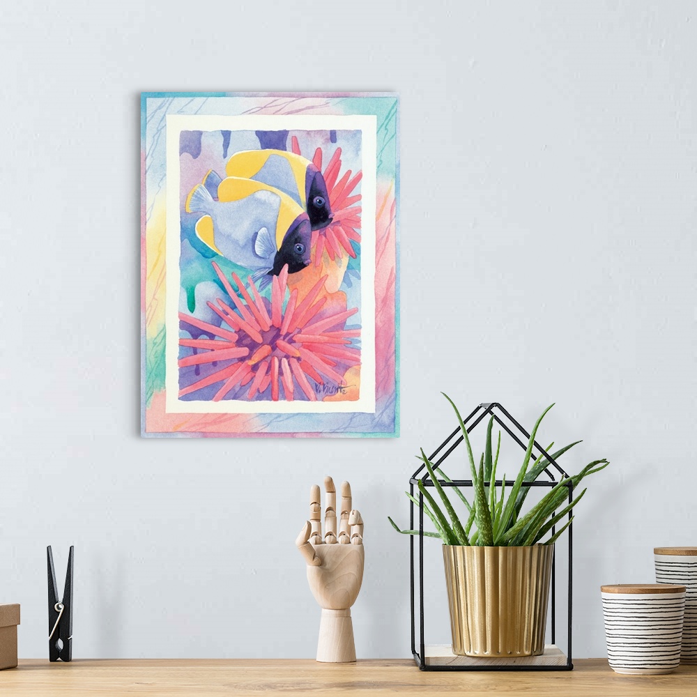 A bohemian room featuring Watercolor painting of two fish swimming near sea urchins, done in pastel colors.