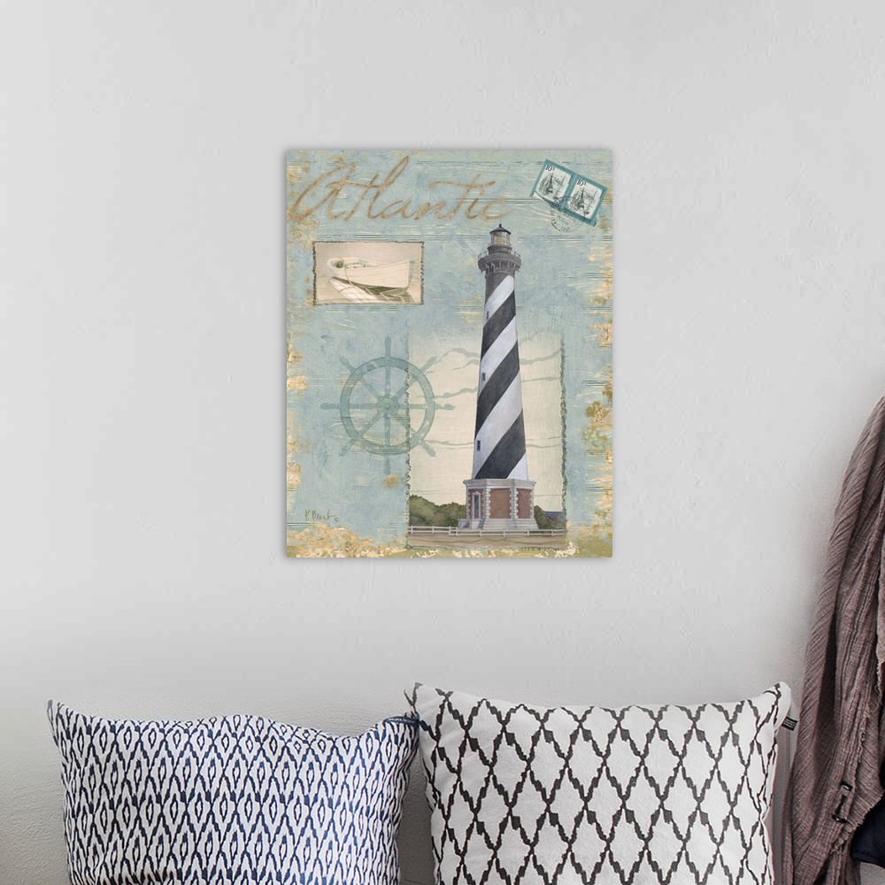 A bohemian room featuring Collage-style artwork featuring a lighthouse, a ship's wheel, and postage stamps on a textured wo...