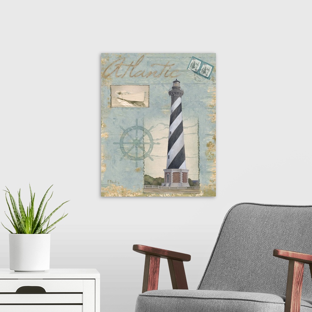 A modern room featuring Collage-style artwork featuring a lighthouse, a ship's wheel, and postage stamps on a textured wo...
