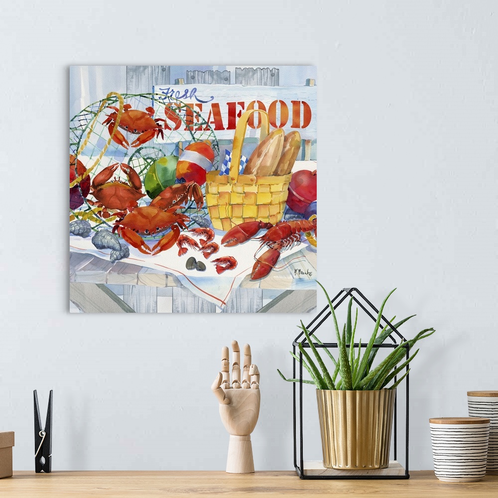 A bohemian room featuring A display of fresh caught seafood including crabs and lobsters.