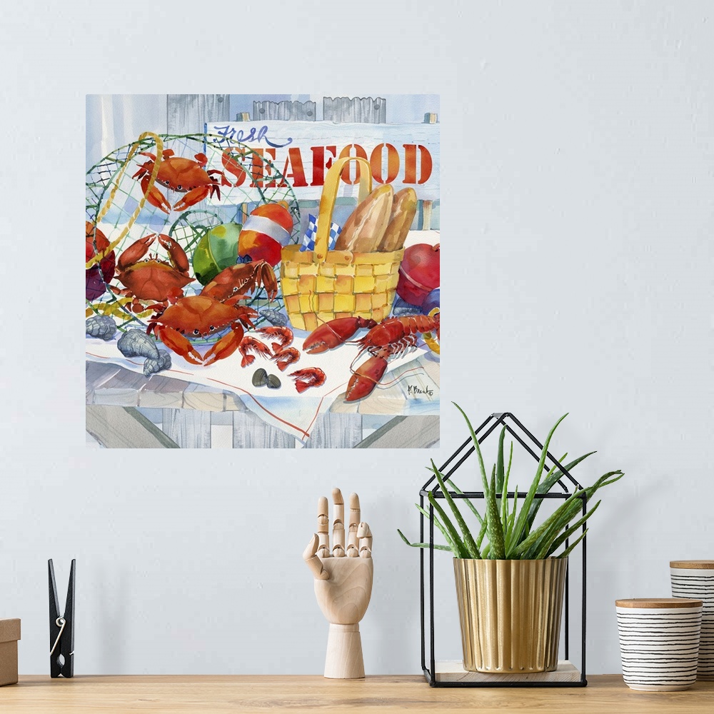 A bohemian room featuring A display of fresh caught seafood including crabs and lobsters.