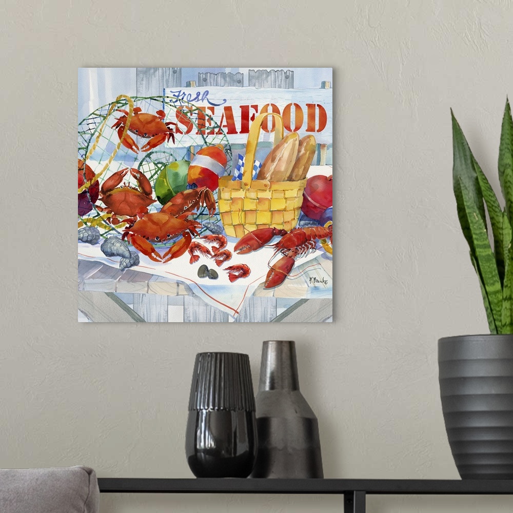 A modern room featuring A display of fresh caught seafood including crabs and lobsters.