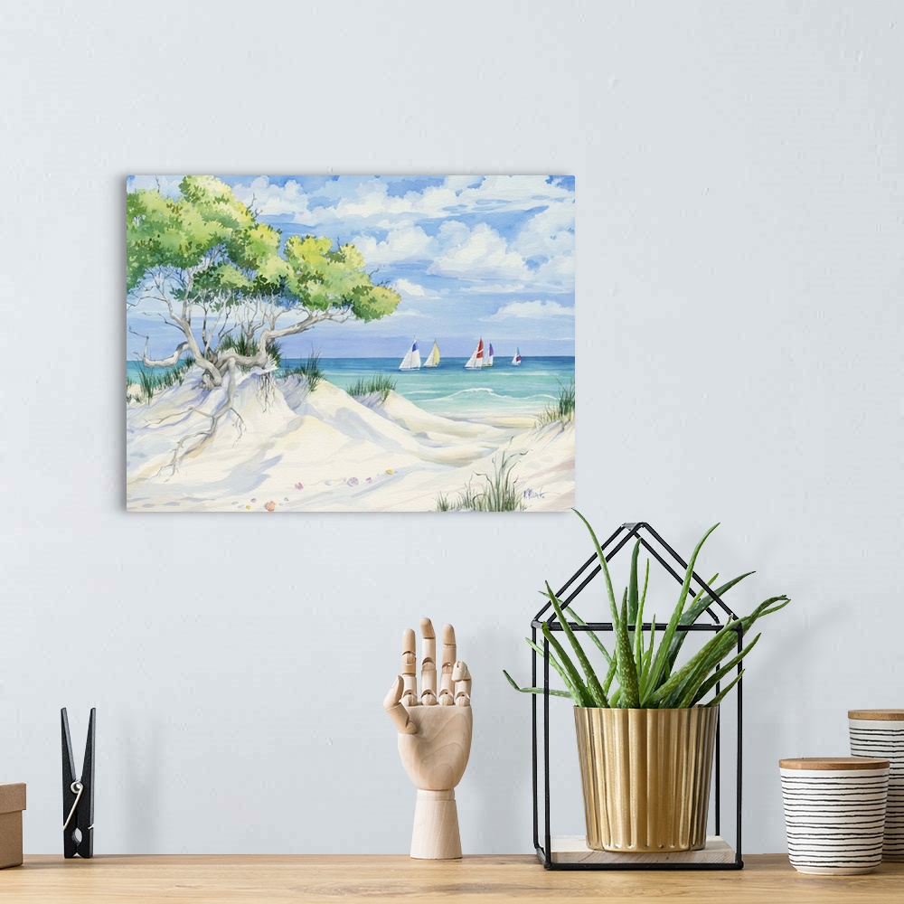 A bohemian room featuring Painting of a sandy beach with trees growing in the dunes.