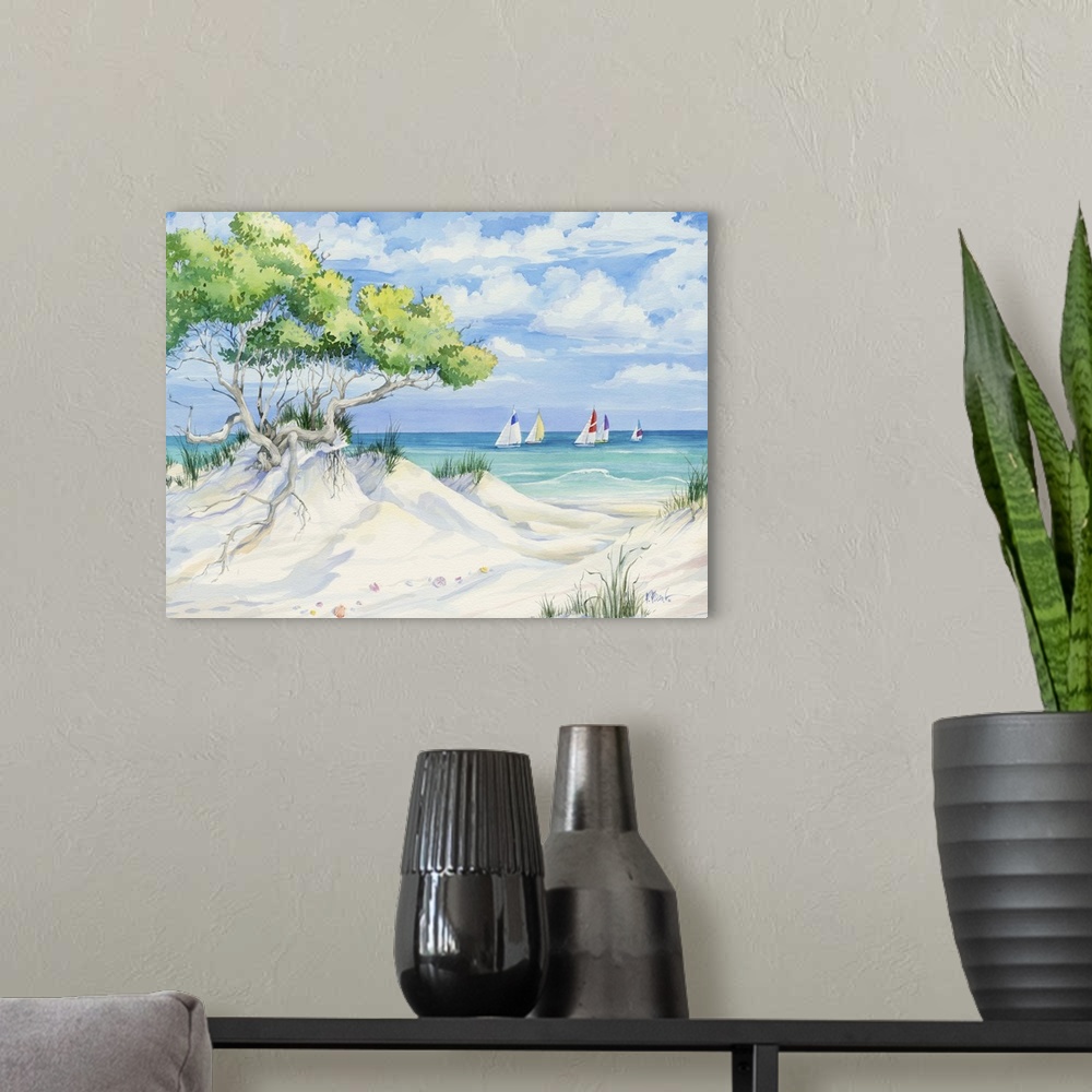 A modern room featuring Painting of a sandy beach with trees growing in the dunes.