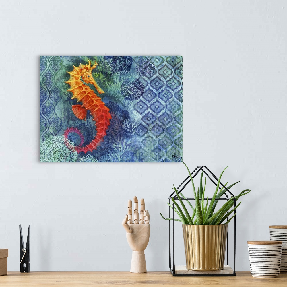 A bohemian room featuring Painting of a seahorse on a batik background decorated with corals