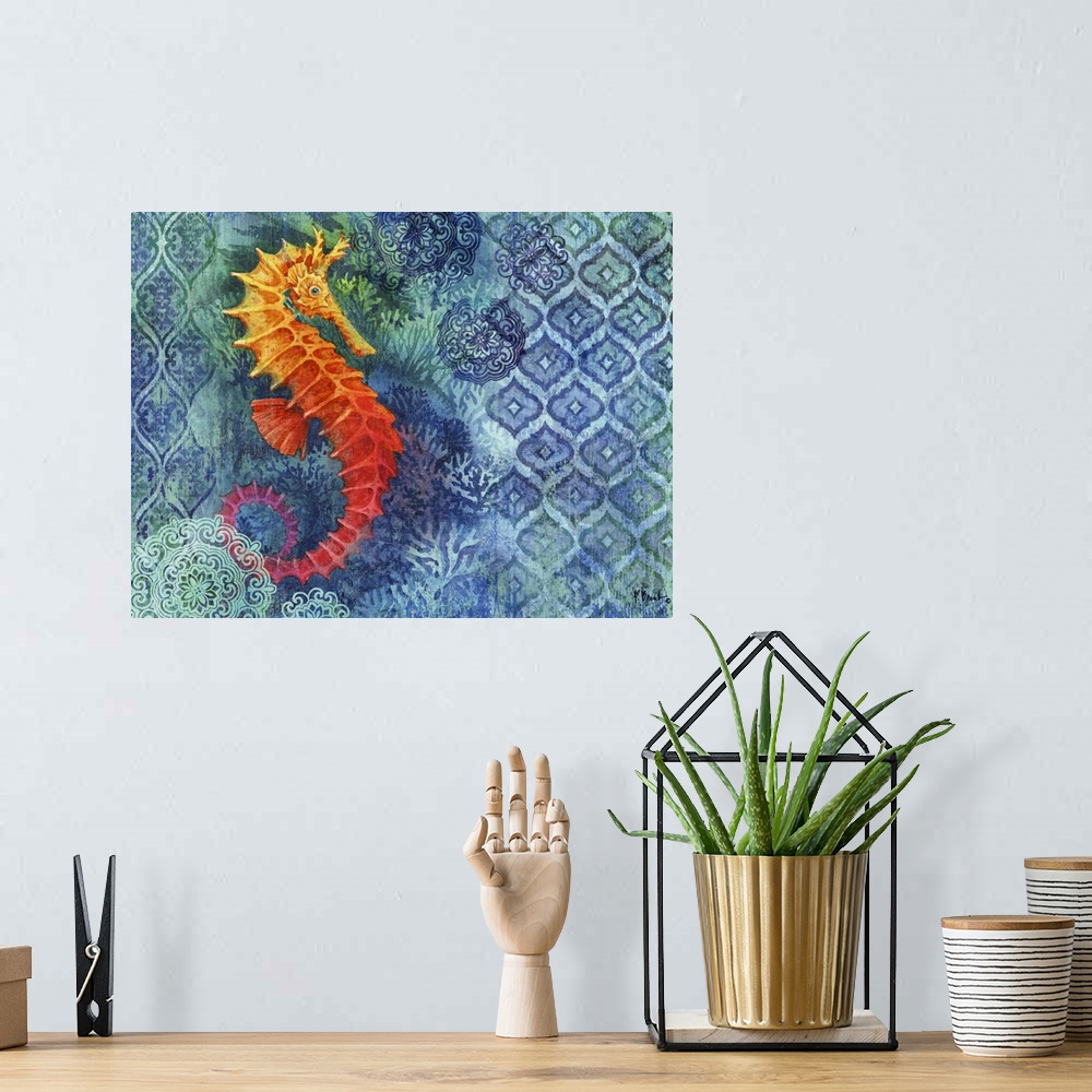 A bohemian room featuring Painting of a seahorse on a batik background decorated with corals