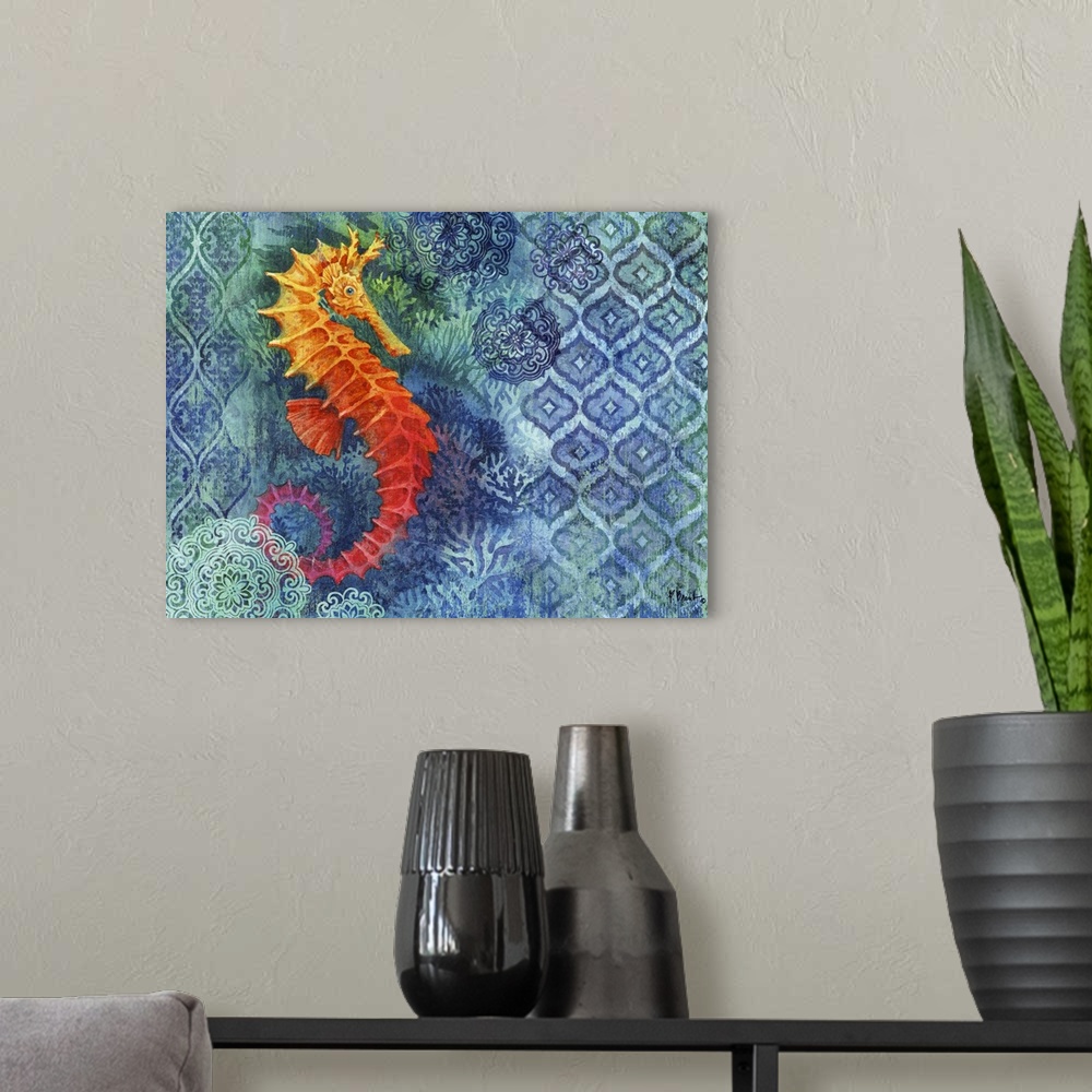 A modern room featuring Painting of a seahorse on a batik background decorated with corals