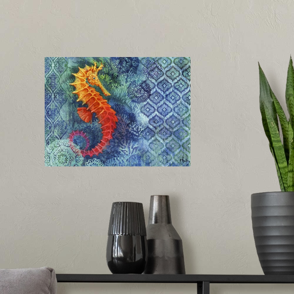 A modern room featuring Painting of a seahorse on a batik background decorated with corals