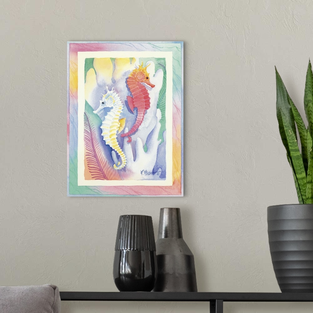A modern room featuring Watercolor painting of two seahorses swimming near coral, done in pastel colors.