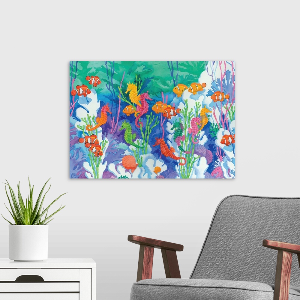 A modern room featuring Contemporary painting of an underwater scene with seahorses and tropical fish.