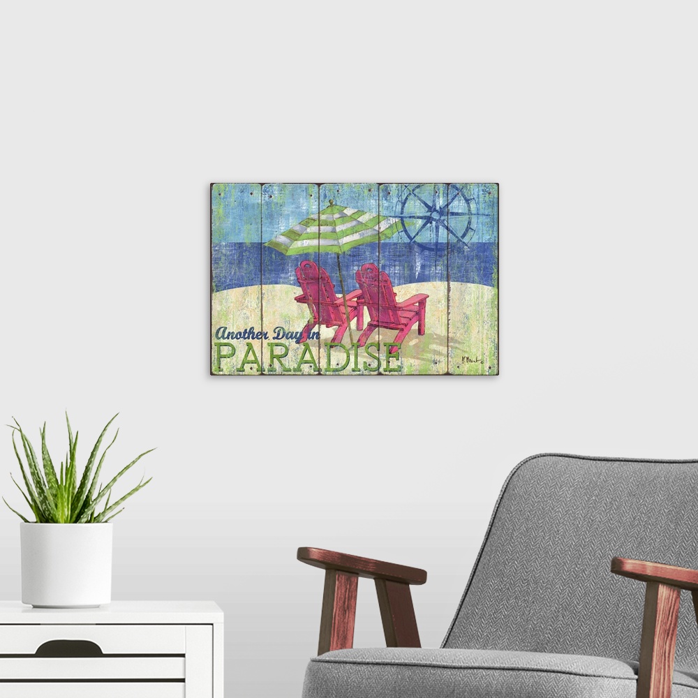 A modern room featuring Contemporary decorative artwork of two adirondack chairs and a beach umbrella with "Another Day i...