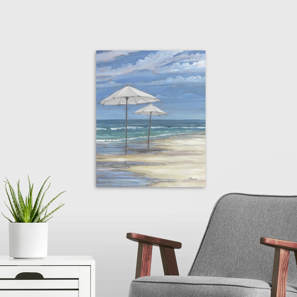 A modern room featuring Seascape With Umbrellas - White
