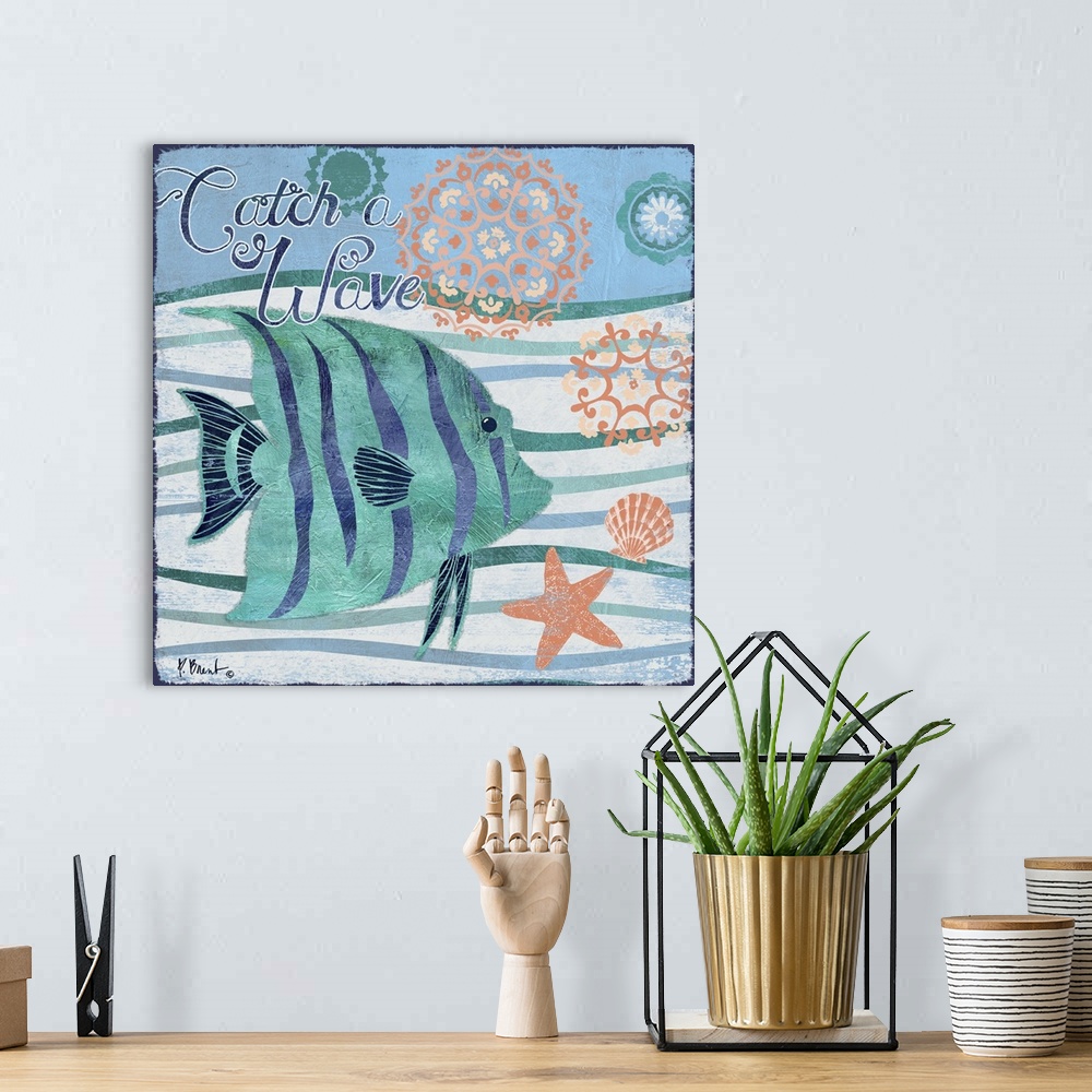 A bohemian room featuring Contemporary decorative artwork of a tropical fish on a stylized wave background with sea life el...