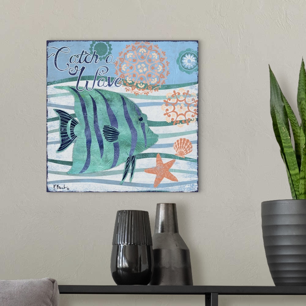 A modern room featuring Contemporary decorative artwork of a tropical fish on a stylized wave background with sea life el...