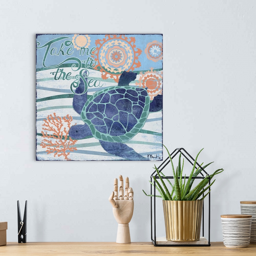 A bohemian room featuring Contemporary decorative artwork of a sea turtle on a stylized wave background with sea life eleme...