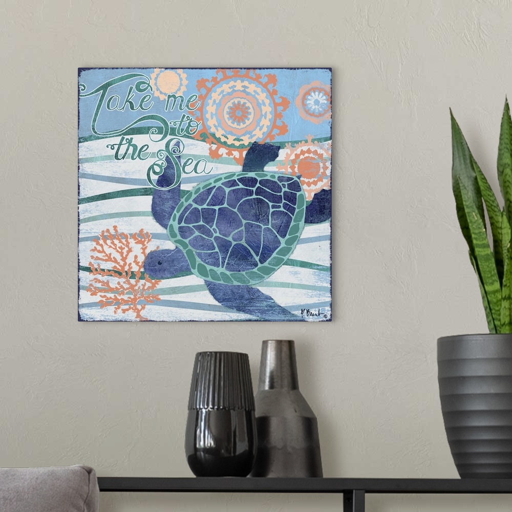 A modern room featuring Contemporary decorative artwork of a sea turtle on a stylized wave background with sea life eleme...