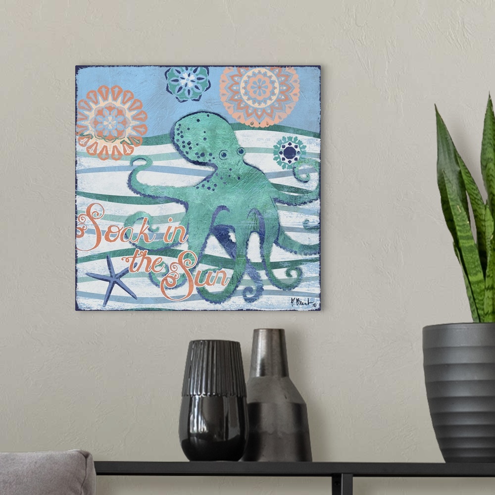 A modern room featuring Contemporary decorative artwork of an octopus on a stylized wave background with sea life elements.