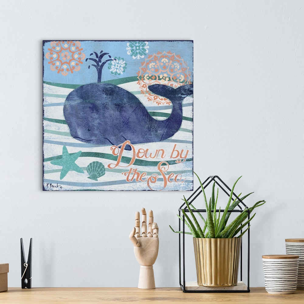 A bohemian room featuring Contemporary decorative artwork of a whale on a stylized wave background with sea life elements.