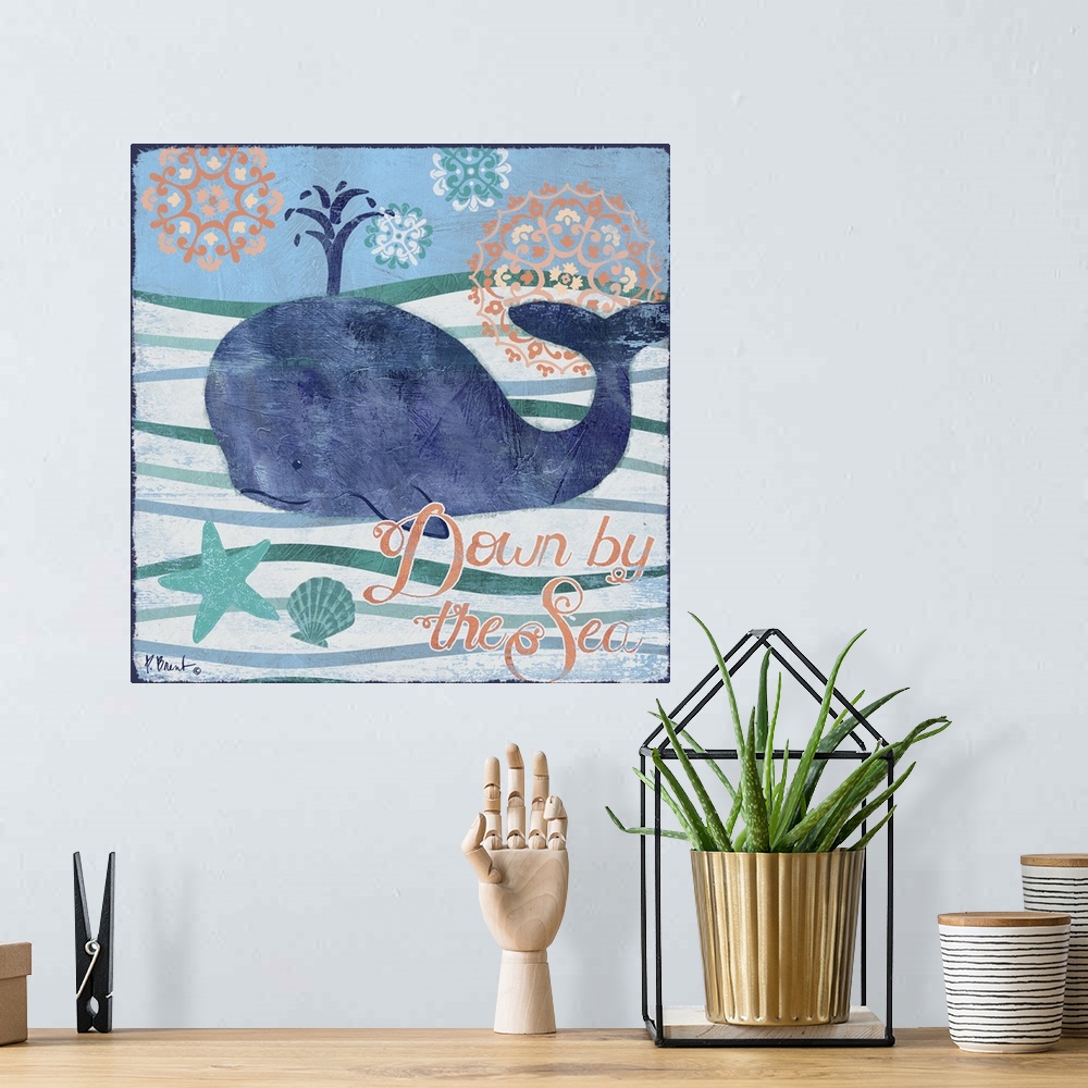 A bohemian room featuring Contemporary decorative artwork of a whale on a stylized wave background with sea life elements.