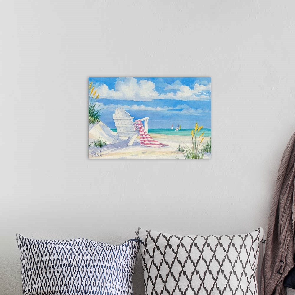 A bohemian room featuring Painting of an adirondack chair with a towel on a sandy beach.