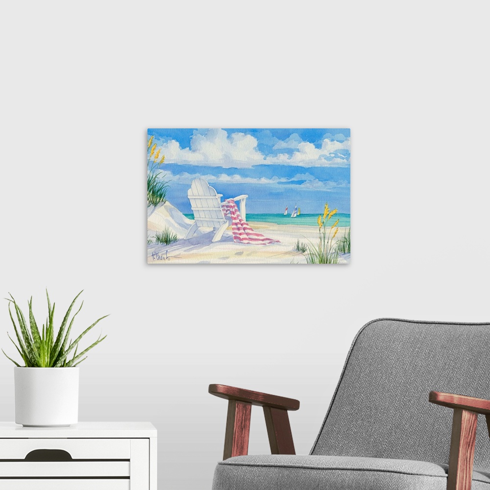A modern room featuring Painting of an adirondack chair with a towel on a sandy beach.