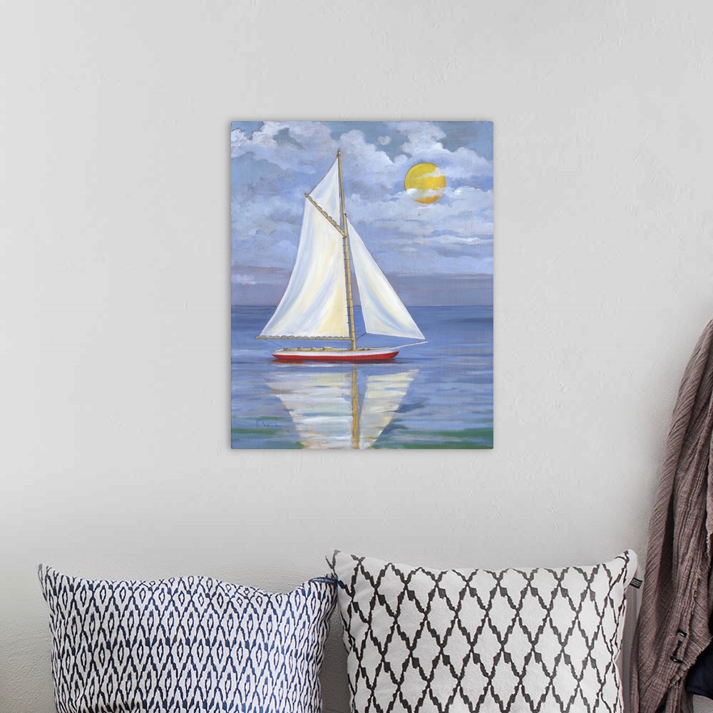 A bohemian room featuring Contemporary painting of a single sailboat on calm waters with the sun in the sky.