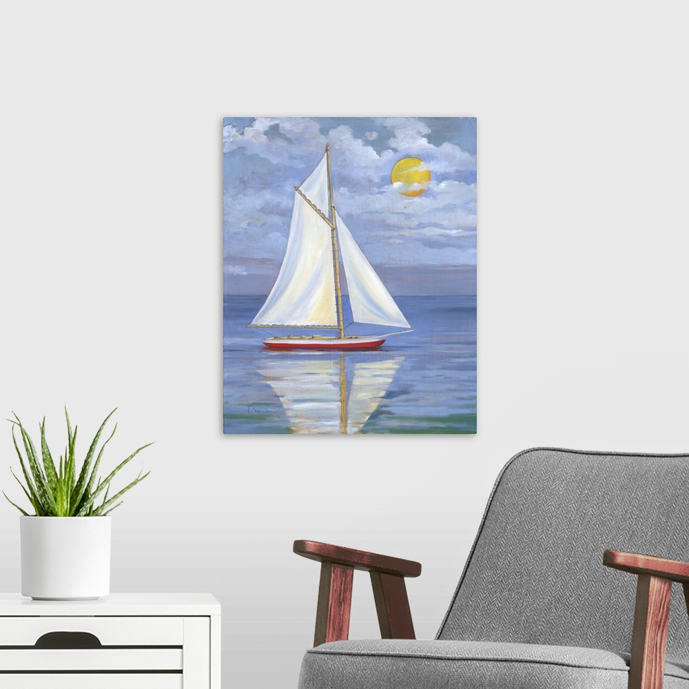 A modern room featuring Contemporary painting of a single sailboat on calm waters with the sun in the sky.