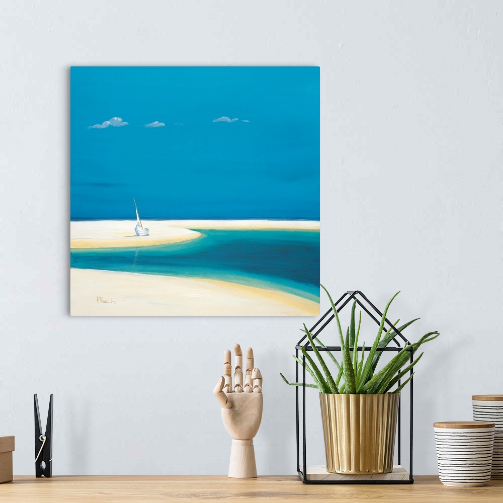 A bohemian room featuring Contemporary painting of an empty beach with only an umbrella.