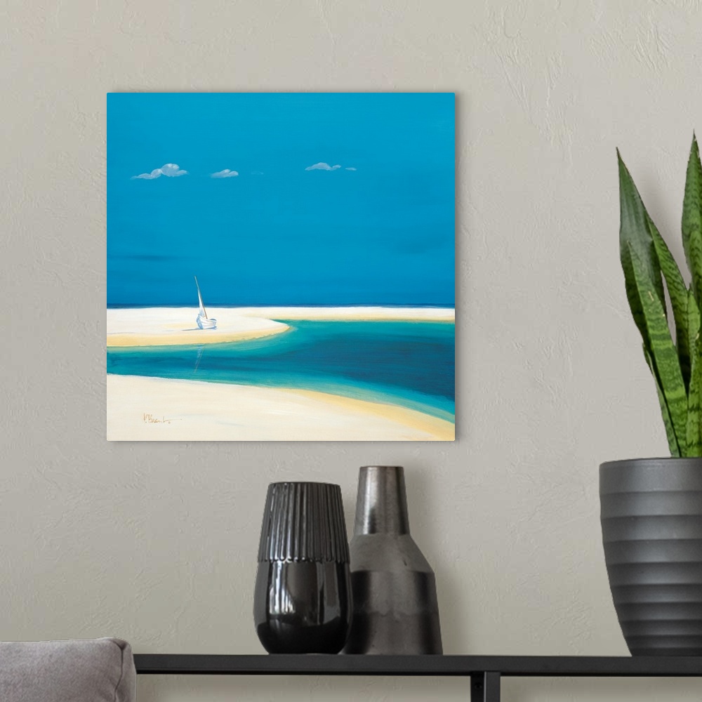 A modern room featuring Contemporary painting of an empty beach with only an umbrella.