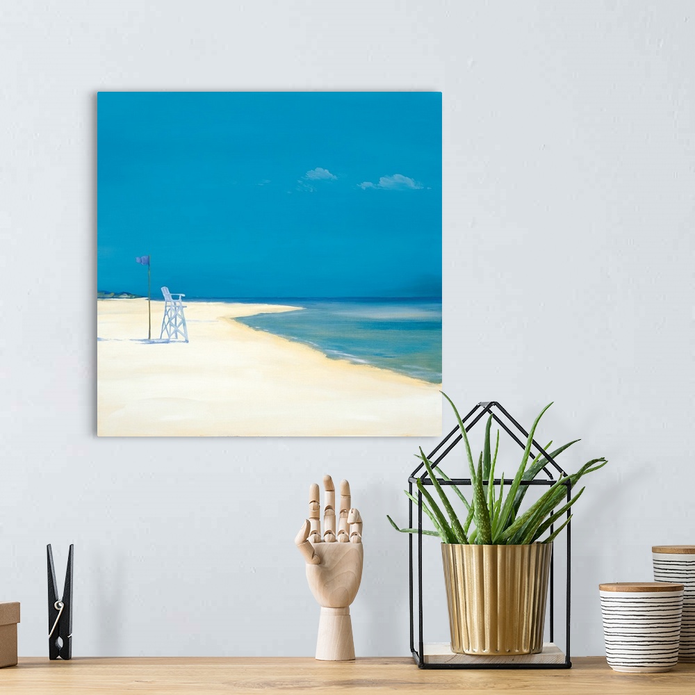 A bohemian room featuring Contemporary painting of a tranquil beach with a lifeguard post on the shore.