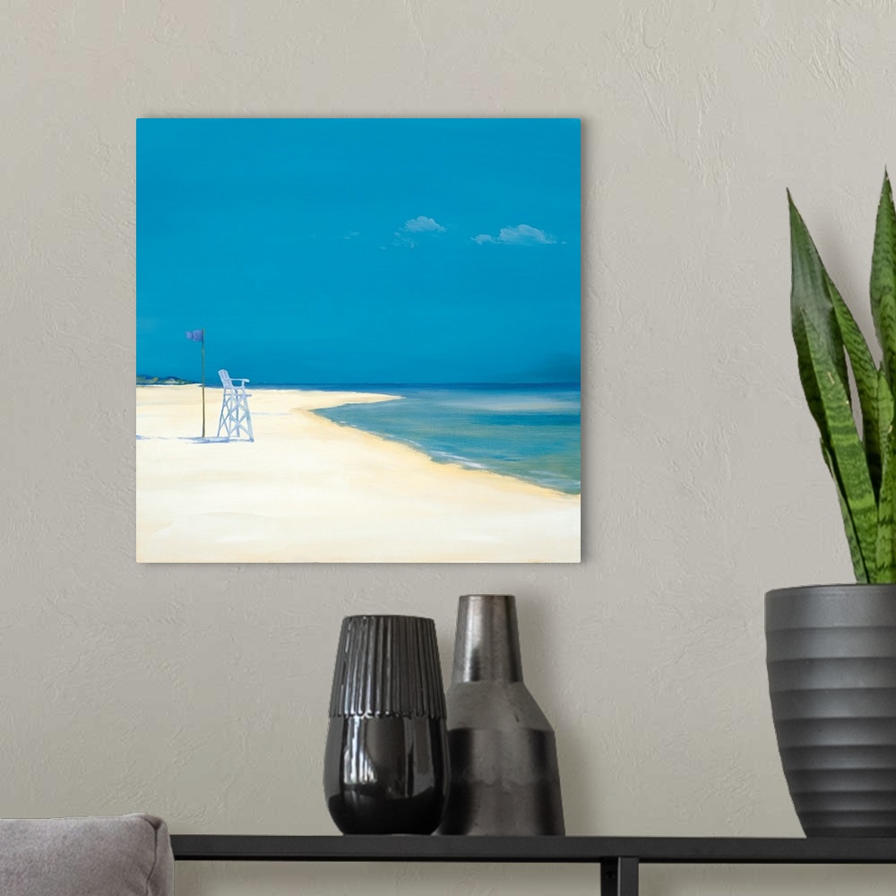 A modern room featuring Contemporary painting of a tranquil beach with a lifeguard post on the shore.