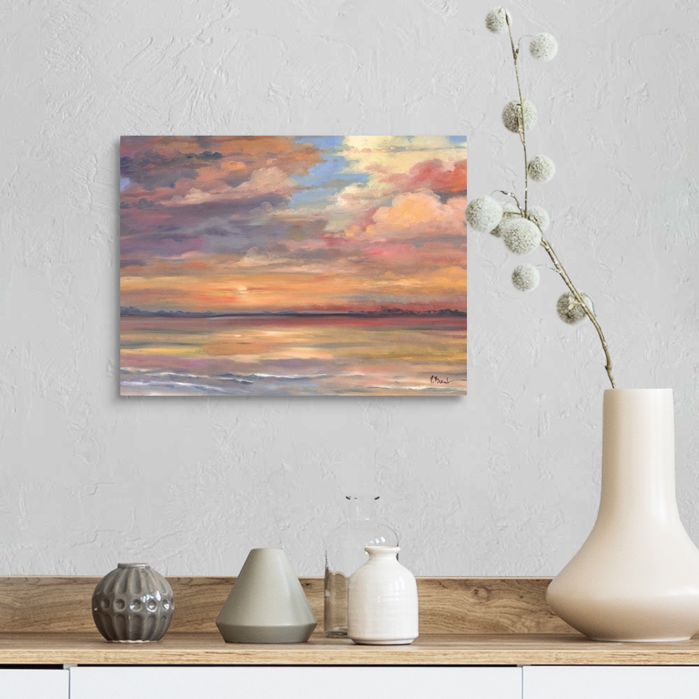 A farmhouse room featuring Contemporary painting of the sunset over the ocean.